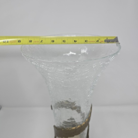 Vintage Art Nouveau Hand Blown Glass Vase w/ Ornate Brass Base 15 X 8.5